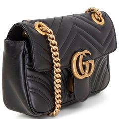 GUCCI black leather GG MARMONT MINI CHEVRON MATELASSE Shoulder Bag