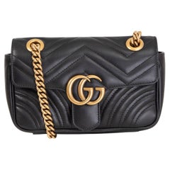 GUCCI black leather GG MARMONT MINI CHEVRON MATELASSE Shoulder Bag