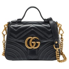 Gucci Black Leather GG Marmont Mini Top Handle Bag