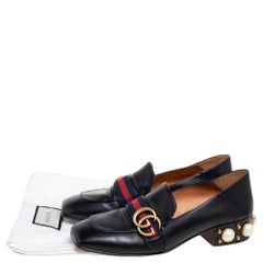 Gucci Black Leather GG Marmont Pearl Collapsible Mid Heel Loafer Pumps Size 37