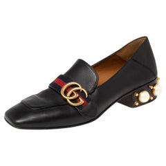 Gucci Black Leather GG Marmont Pearl Collapsible Mid Heel Loafers Size 37.5