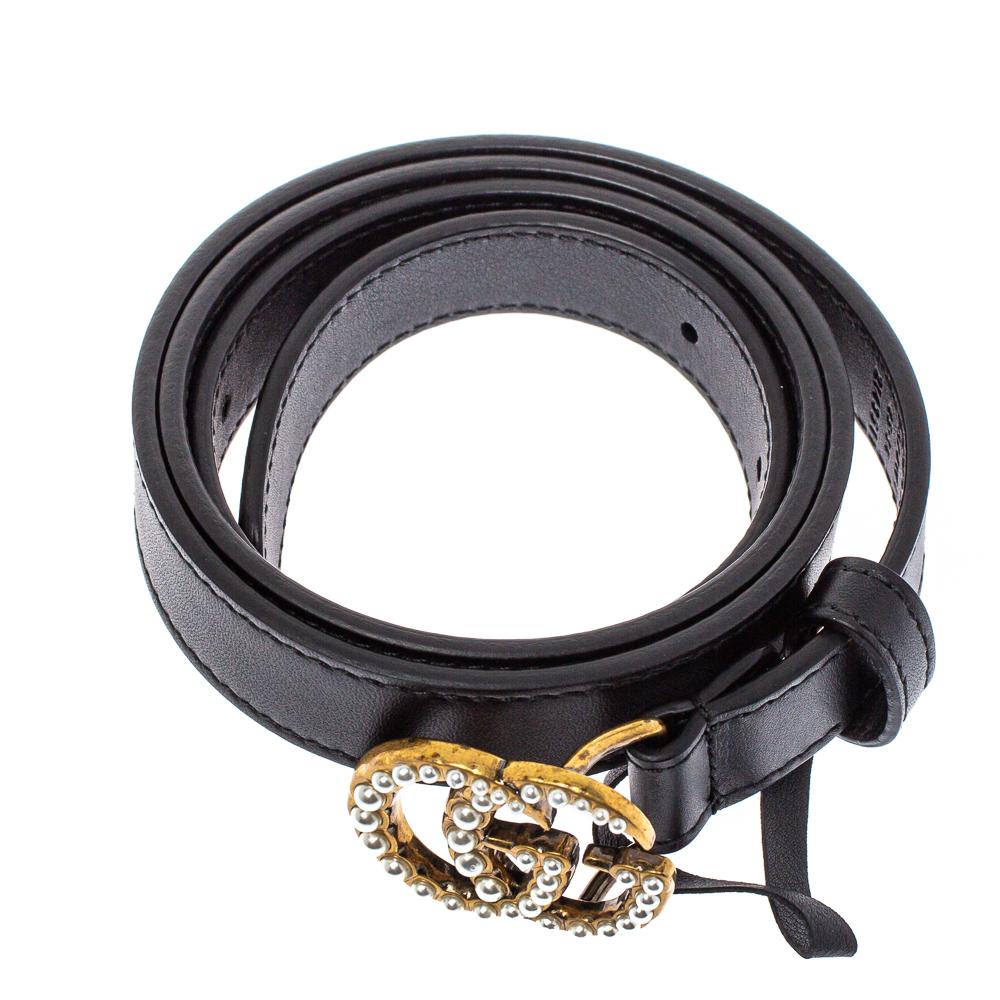 Gucci Schwarz Leder GG Marmont Perle verschönert Schnalle Gürtel 85CM Damen