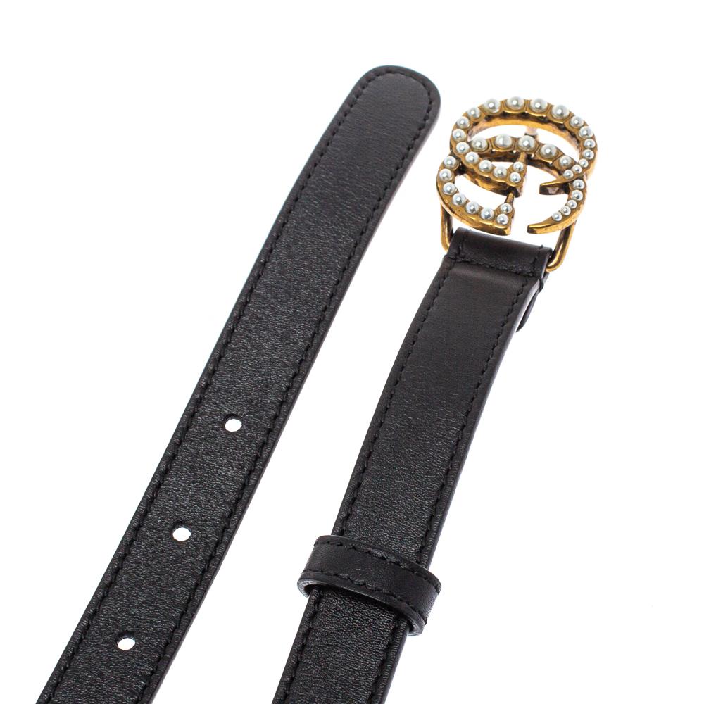 Gucci Schwarz Leder GG Marmont Perle verschönert Schnalle Gürtel 85CM 2