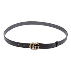 Gucci Black Leather GG Marmont Pearl Embellished Buckle Belt 85CM