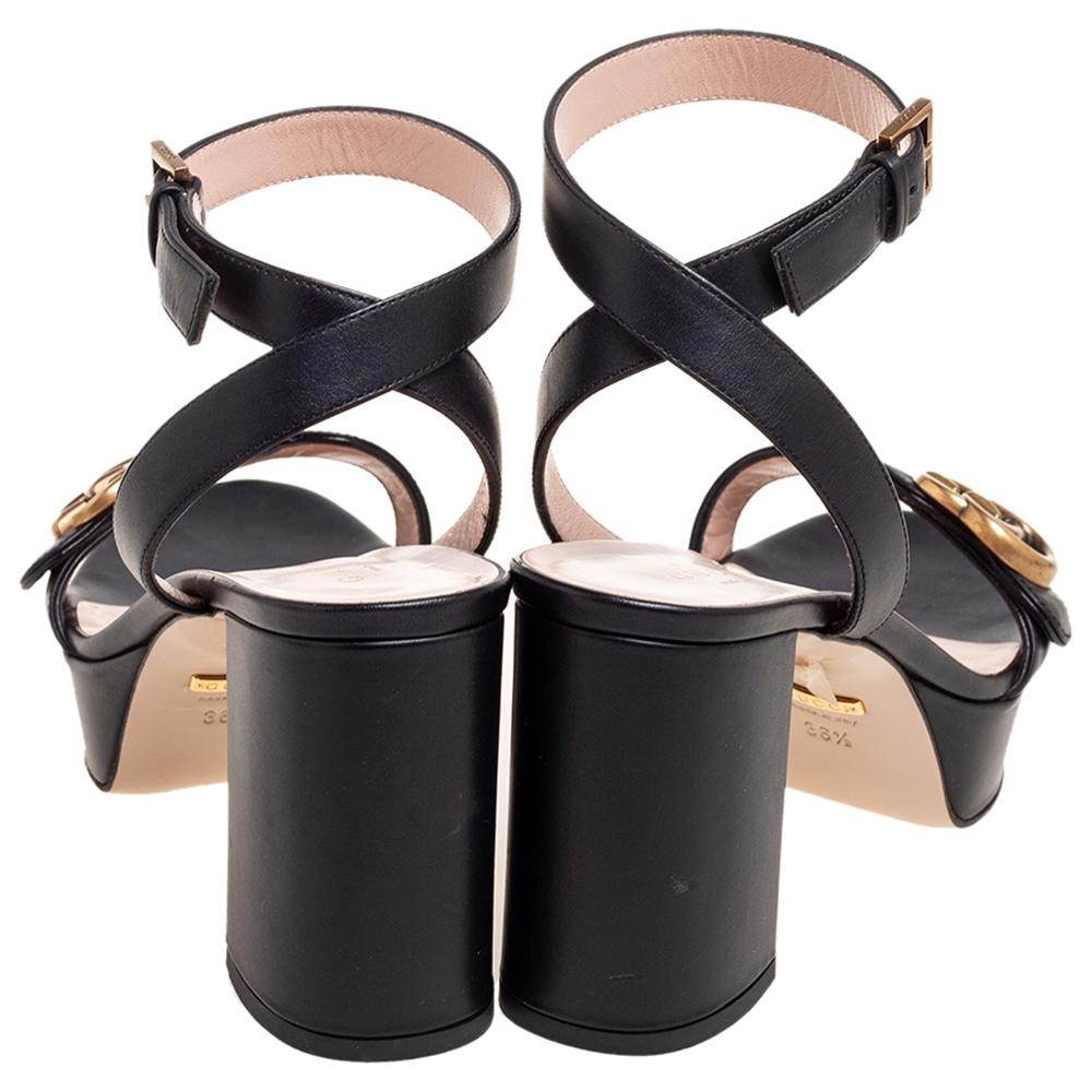 Gucci Black Leather GG Marmont Platform Ankle Strap Sandals Size 36.5 1
