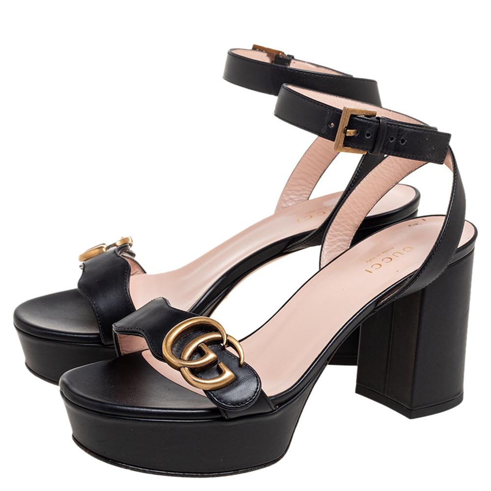 Gucci Black Leather GG Marmont Platform Ankle Strap Sandals Size 36.5 3