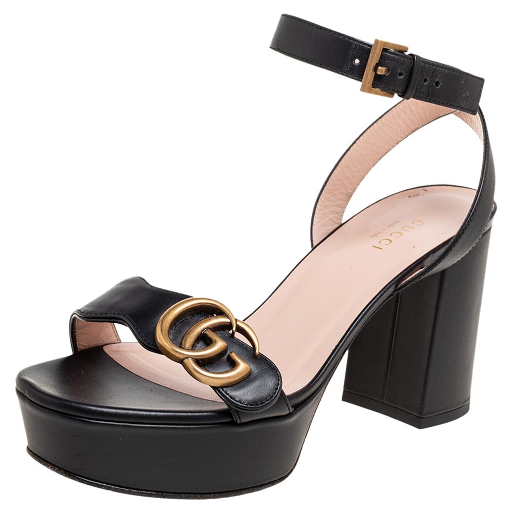 Gucci Black Leather GG Marmont Platform Ankle Strap Sandals Size 36.5 4