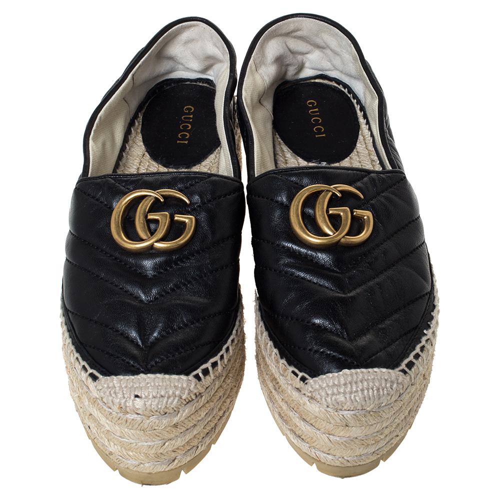 Gucci Schwarz Leder GG Marmont Plattform Espadrilles Größe 35 (Beige)