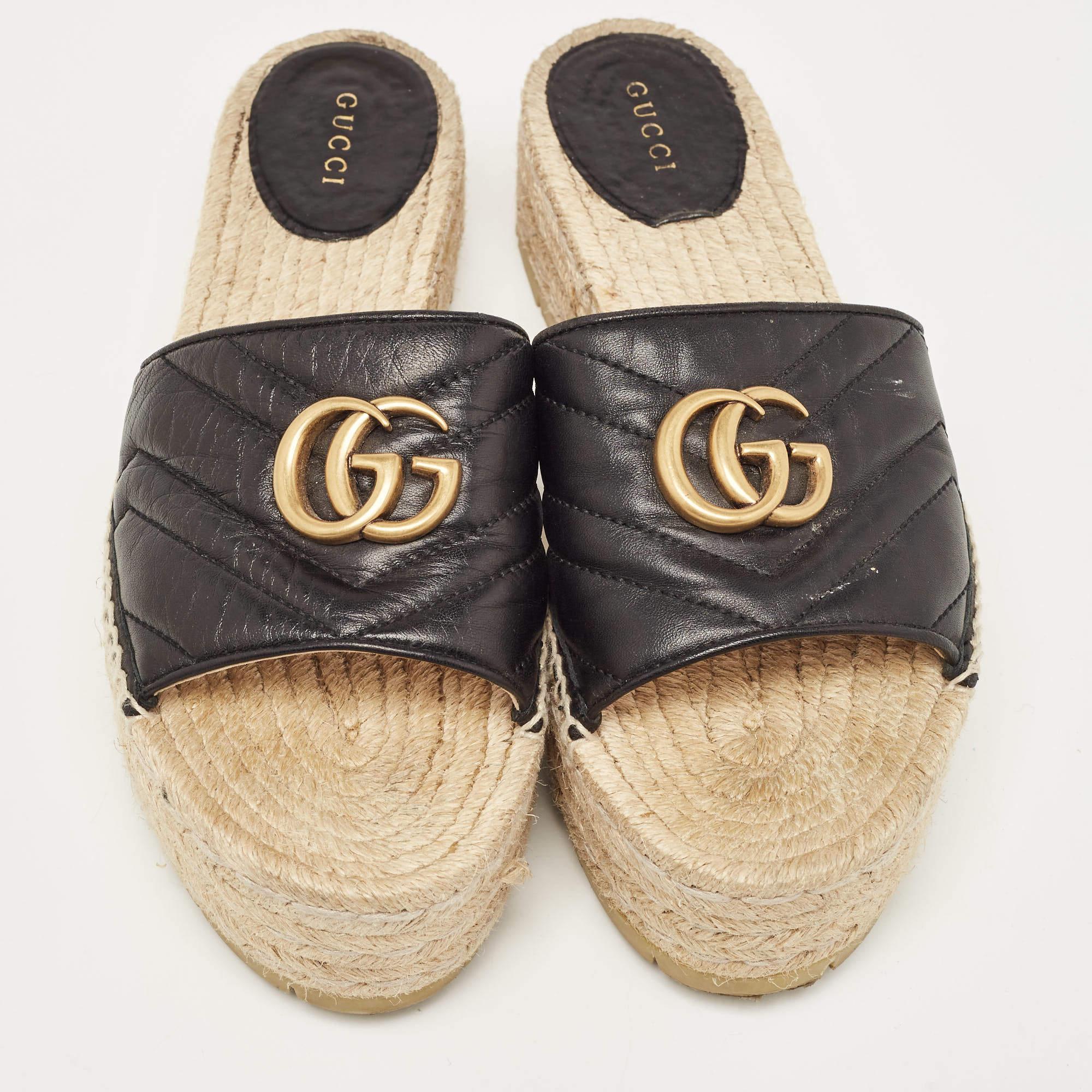 Gucci Black Leather GG Marmont Slide Espadrilles Size 39.5 4