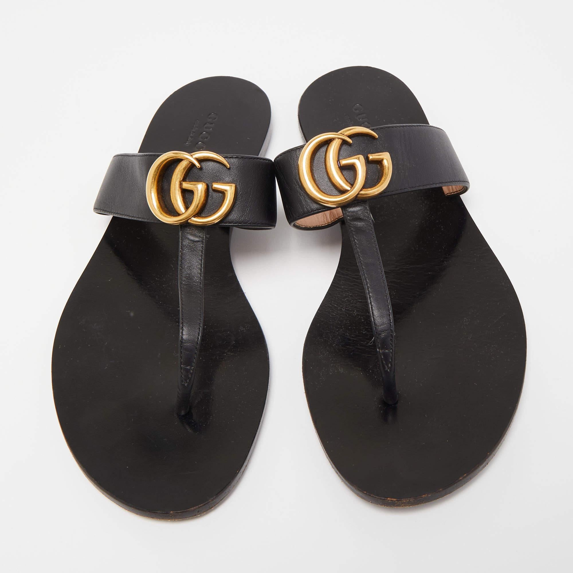 Women's Gucci Black Leather GG Marmont Thong Flats 