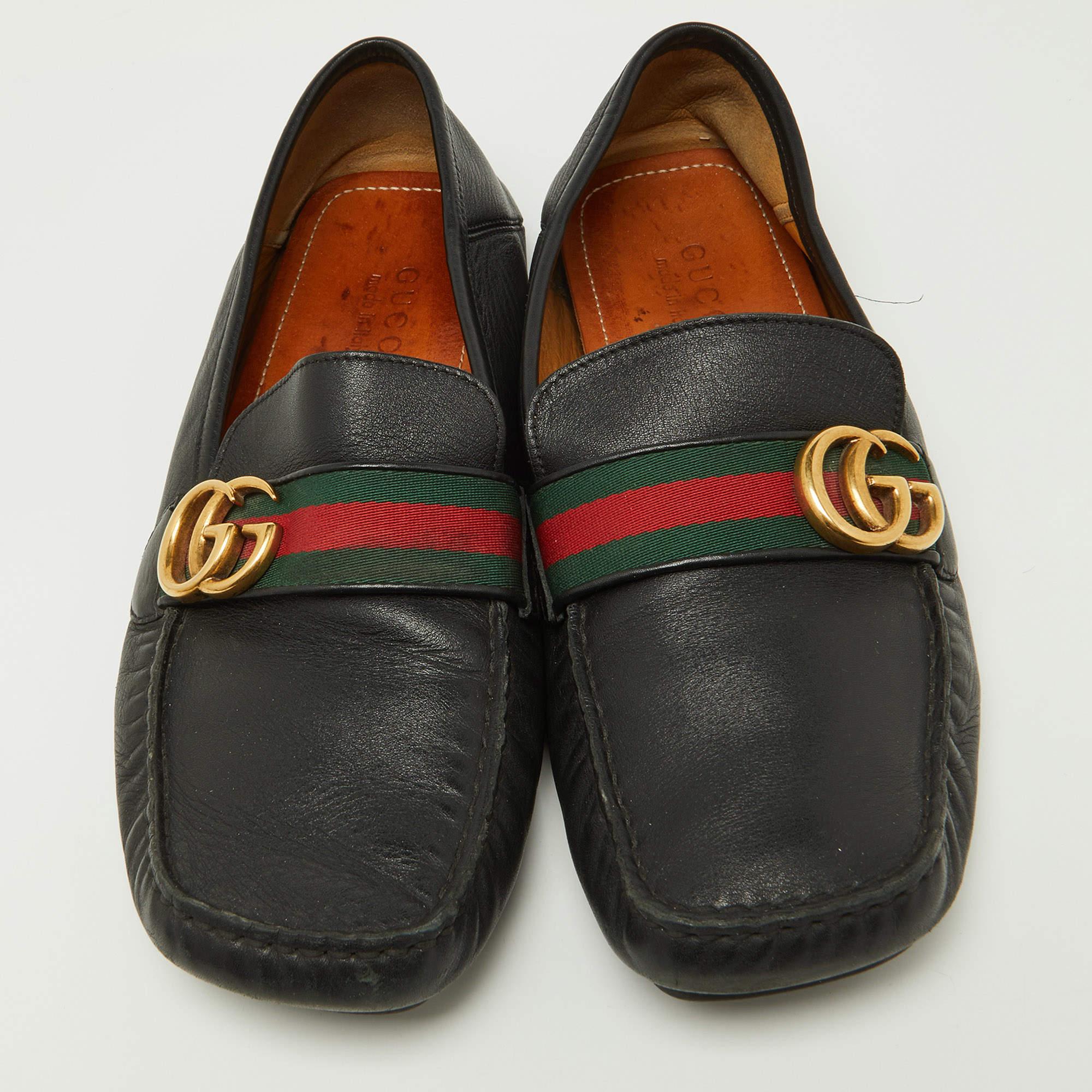 Gucci Black Leather GG Marmont Web Driver Slip On Loafers Size 43 In Good Condition In Dubai, Al Qouz 2
