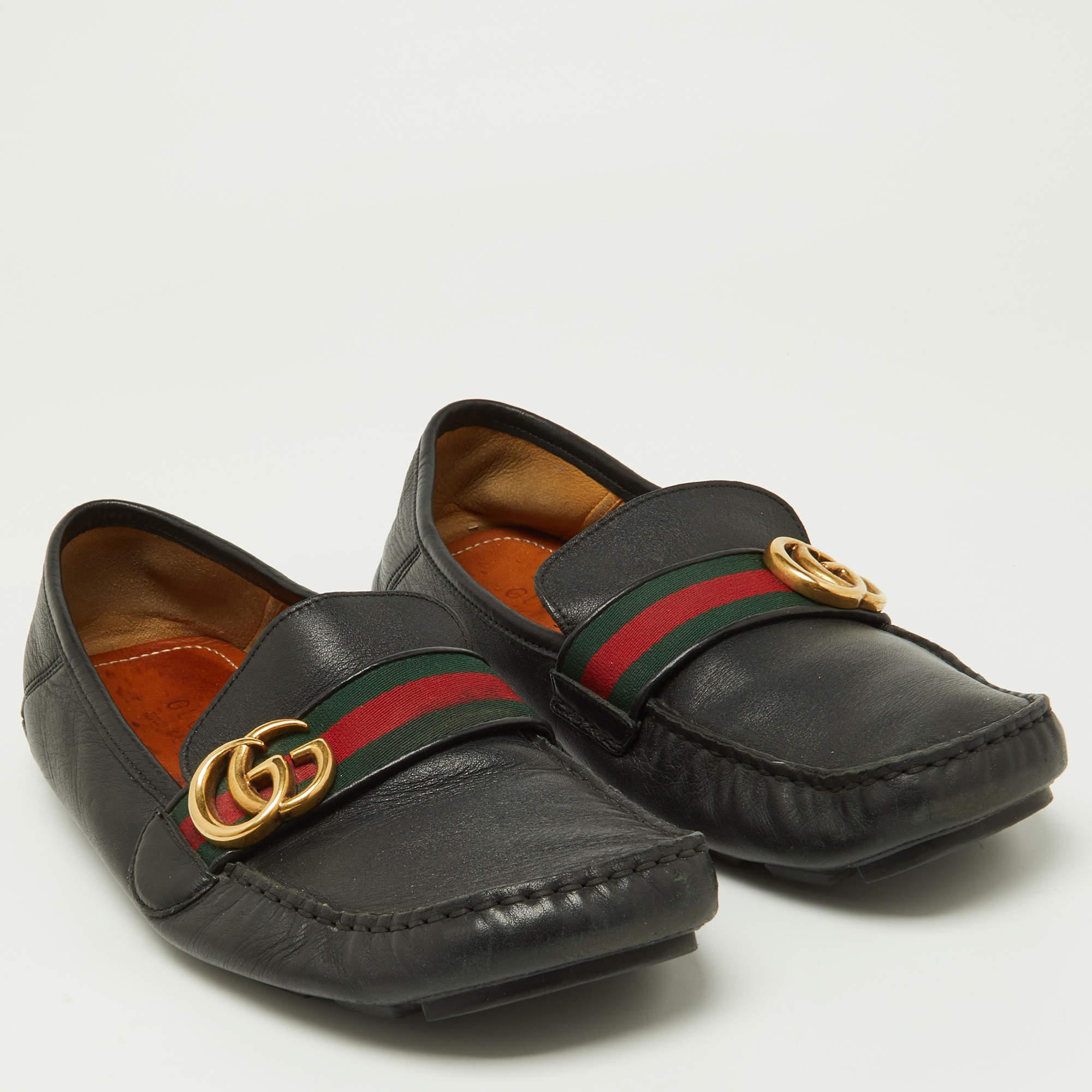 Men's Gucci Black Leather GG Marmont Web Driver Slip On Loafers Size 43