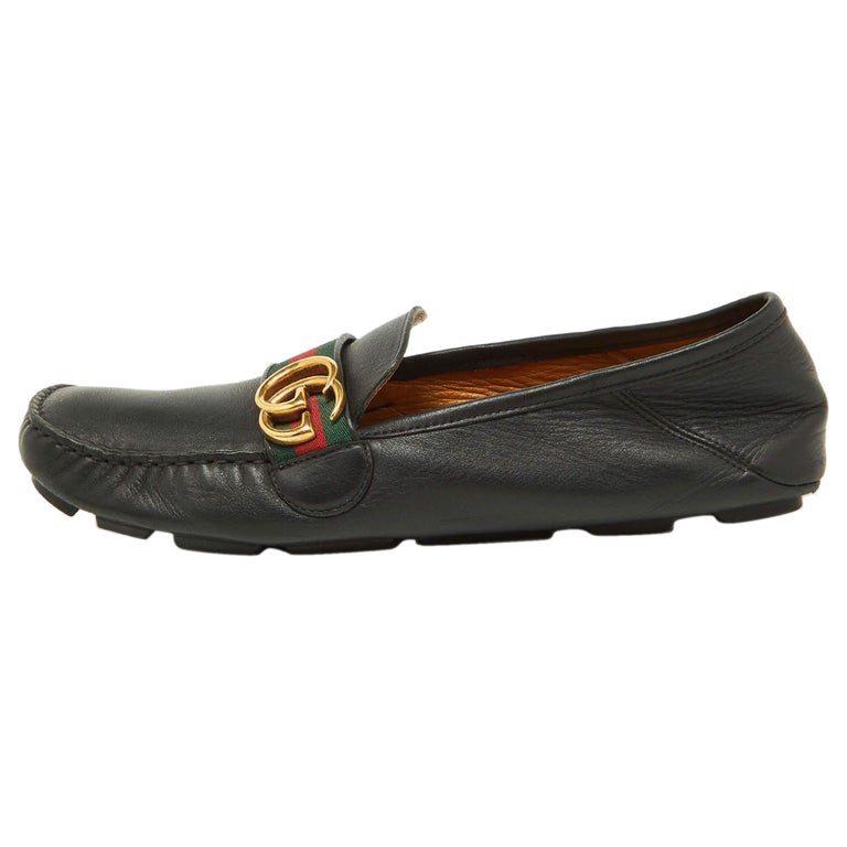 Gucci Black Leather GG Marmont Web Driver Slip On Loafers  display picture 2