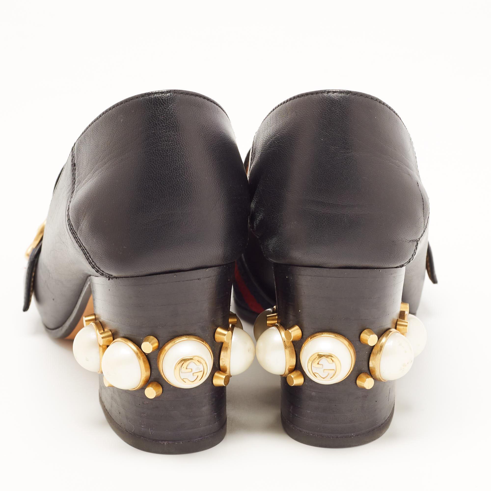 Gucci Black Leather GG Marmont Web Faux Pearl Embellished Block Heel Loafer Pump In Good Condition In Dubai, Al Qouz 2