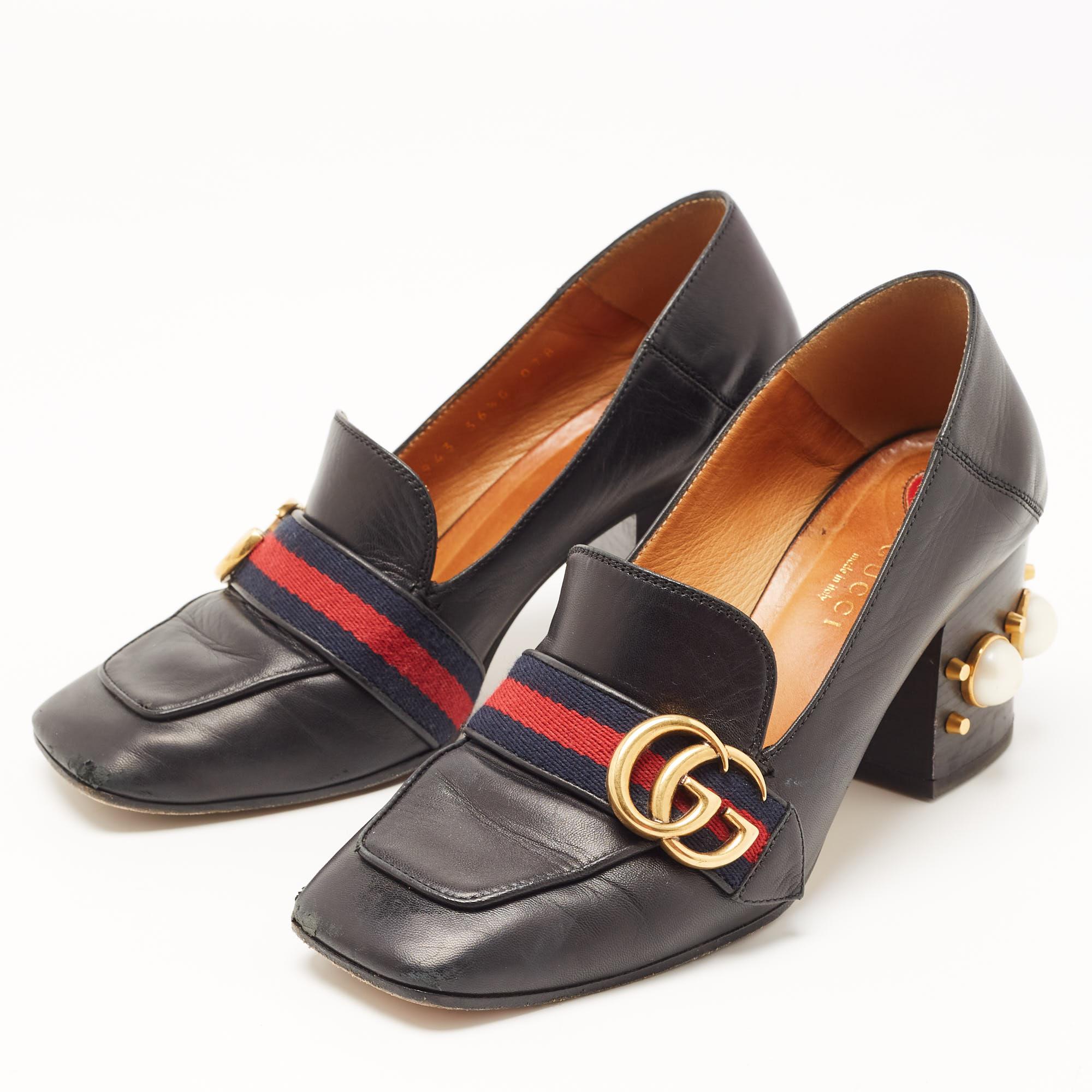 Women's Gucci Black Leather GG Marmont Web Faux Pearl Embellished Block Heel Loafer Pump