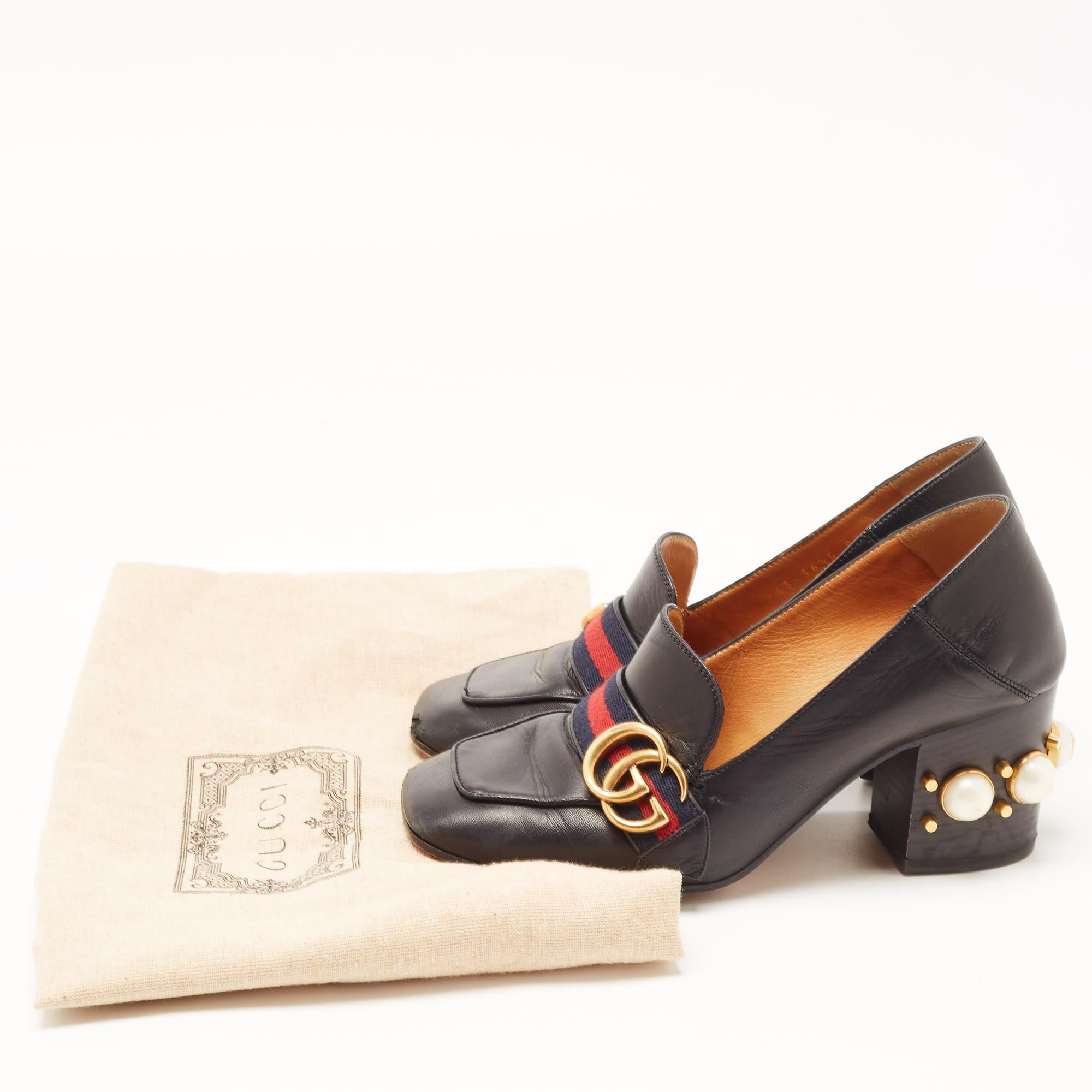 Gucci Black Leather GG Marmont Web Faux Pearl Embellished Block Heel Loafer Pump 3
