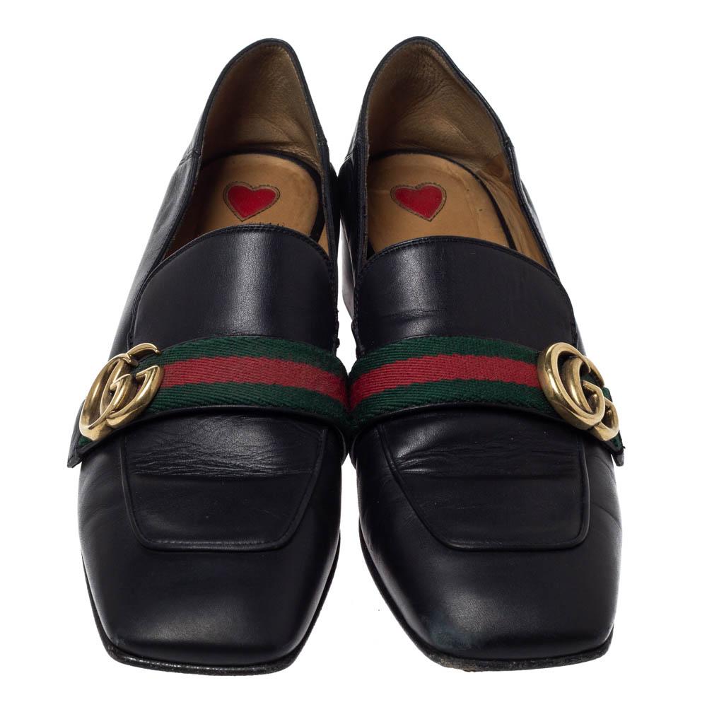Gucci Black Leather GG Marmont Web Slip On Loafers Size 38.5 In Good Condition In Dubai, Al Qouz 2