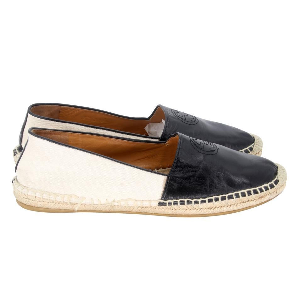 Gucci Black Leather Gg Monogram Espadrille 39.5 Flats In Good Condition For Sale In Downey, CA