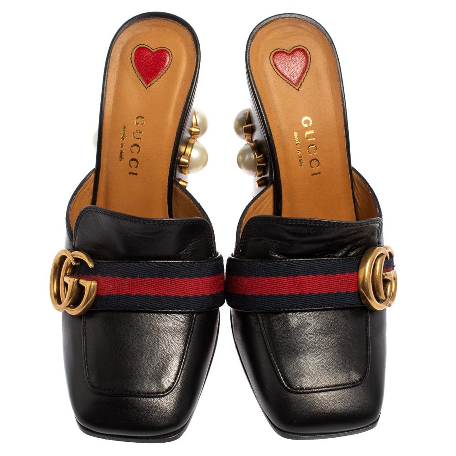 Gucci Black Leather GG Pearl Embellished Web Detail Loafer Mule Sandals  Size 34 at 1stDibs