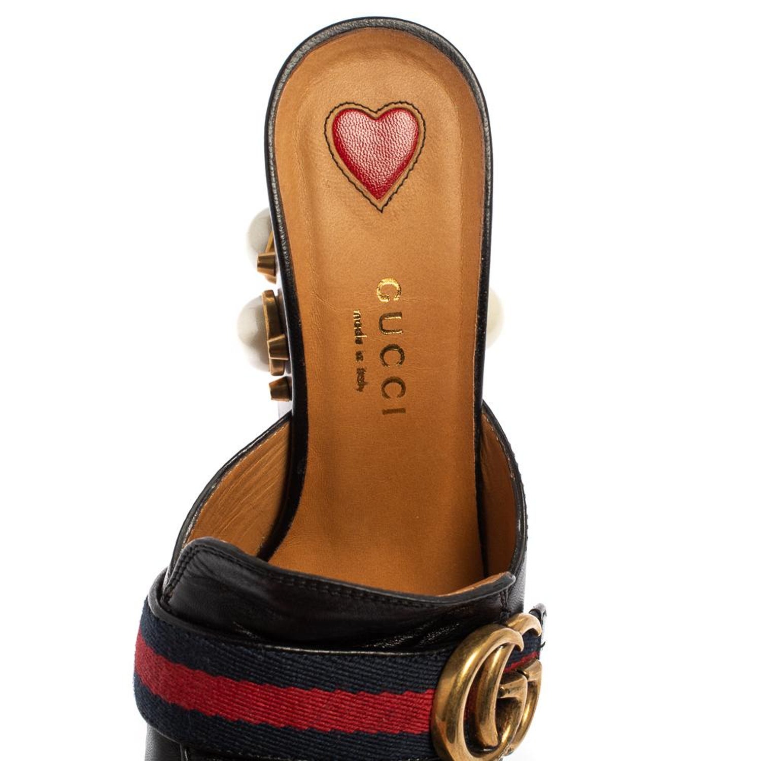 Gucci Black Leather GG Pearl Embellished Web Detail Loafer Mule Sandals  Size 34 at 1stDibs