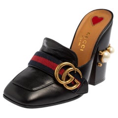 Gucci Black Leather GG Pearl Embellished Web Detail Loafer Mule Sandals Size 34