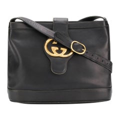 Retro Gucci Black Leather GG Shoulder Bag