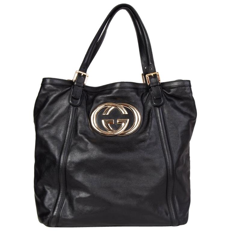 GUCCI black leather GG Tote Shoulder Bag