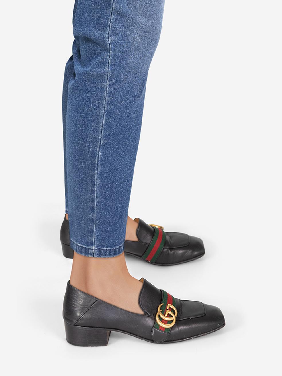 CONDITION is Very good. Minimal wear to the shoes is evident. Abrasion the right counter, toe box and heel on both shoes on this used Gucci designer resale item. This pair of shoes comes in the original box.
 
 
 
 Details
 
 
 Black
 
 Leather
 
