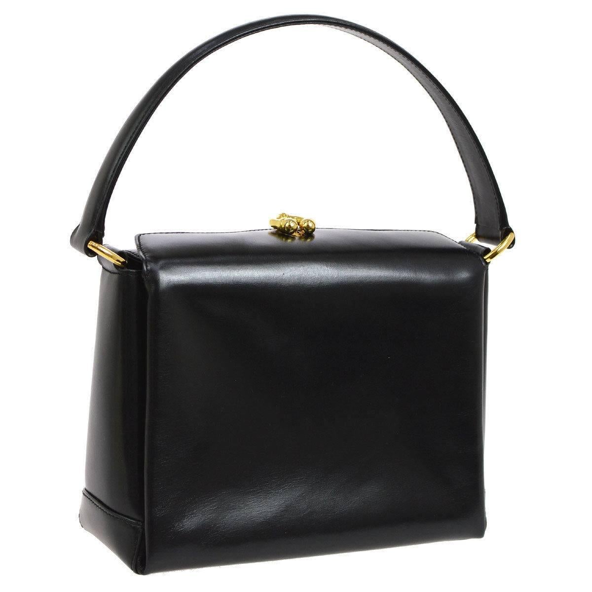 Gucci Black Leather Gold Emblem Kelly Style Party Evening Top Handle Satchel Bag