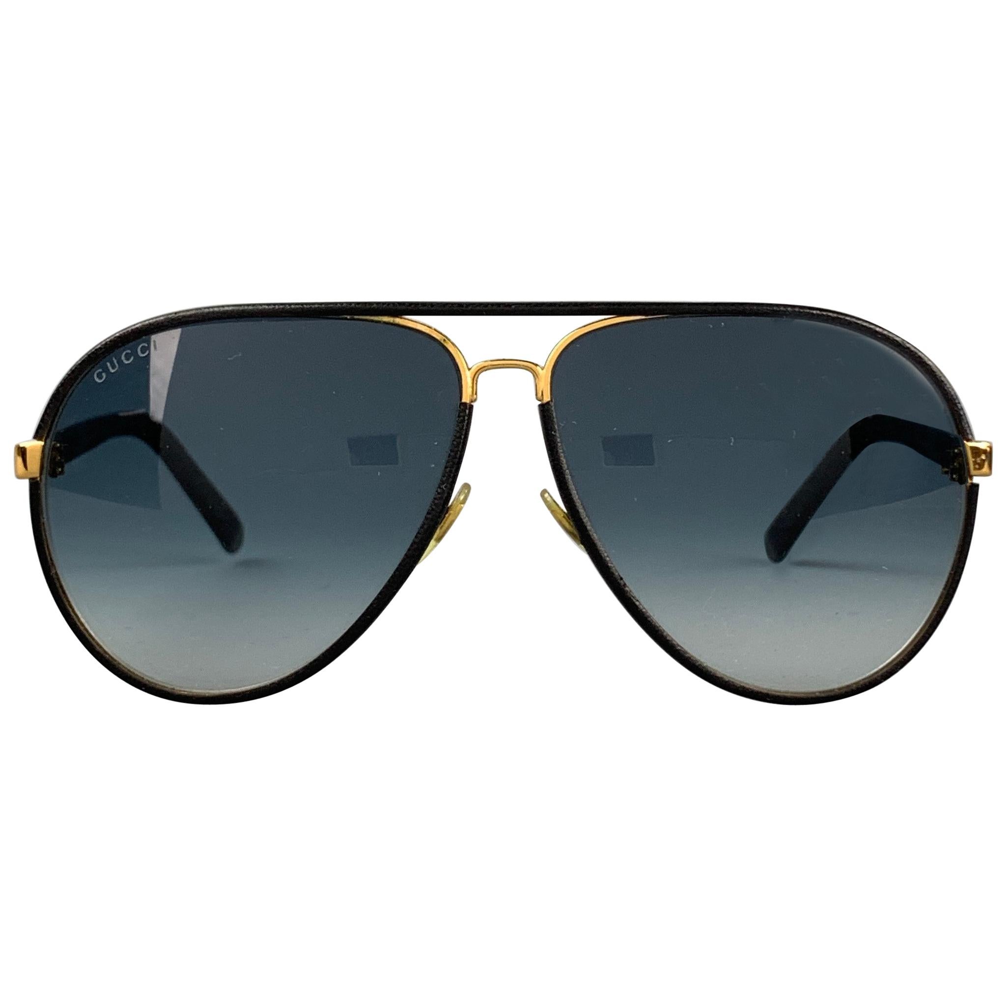 GUCCI Black Leather Gold Tone Aviator Sunglasses