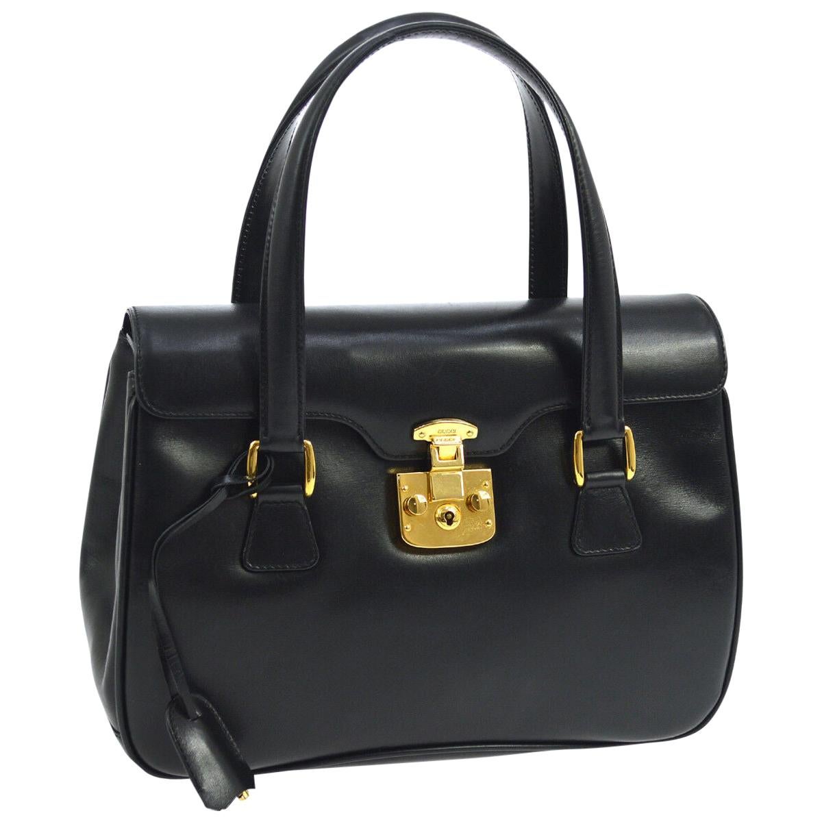 Gucci Black Leather Gold Top Handle Satchel Kelly Style Carryall Shoulder Bag