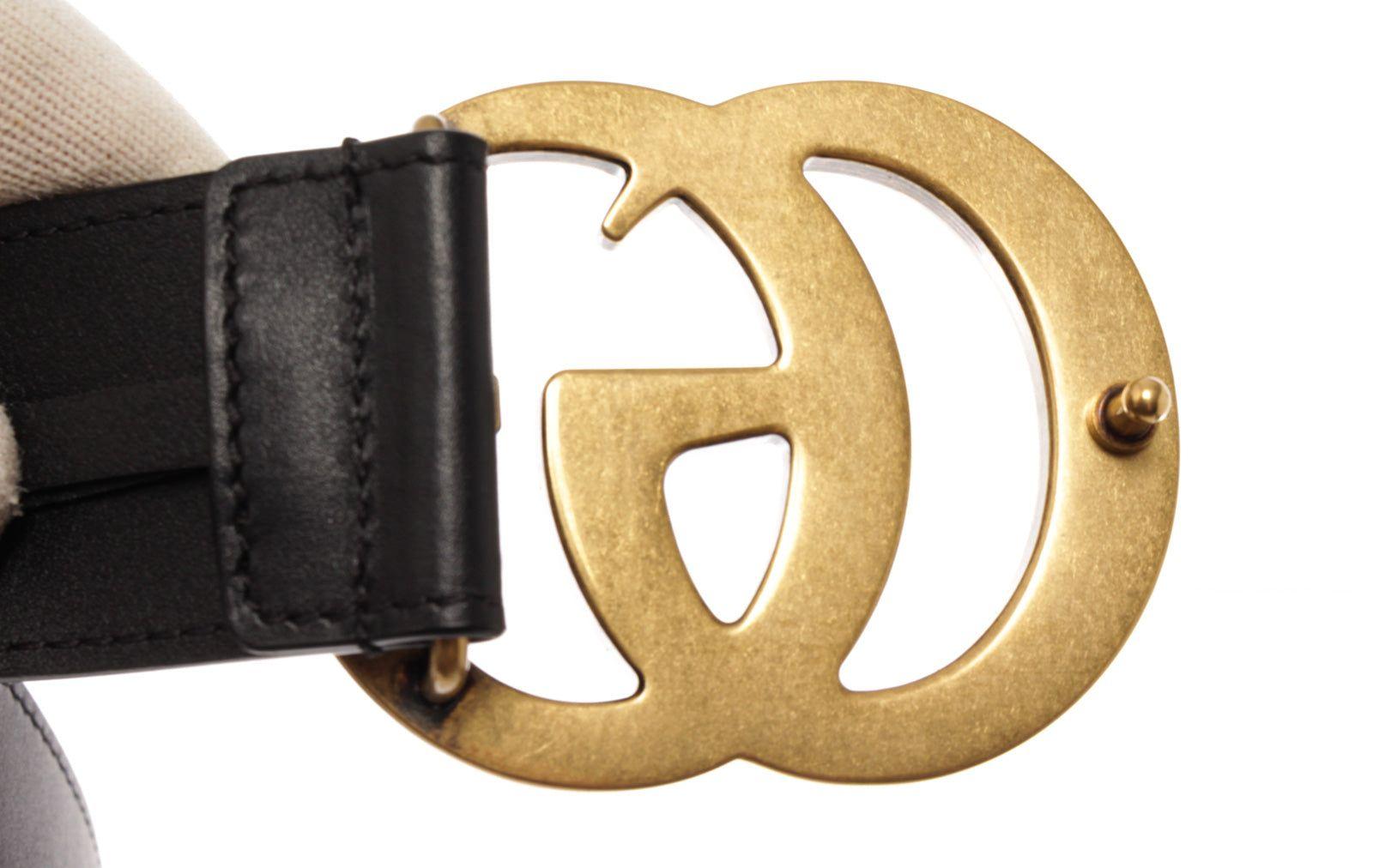 Gucci Black Leather Gold Wide Double GG Logo Belt 70 In Good Condition In Irvine, CA