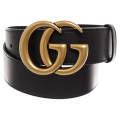 Gucci Black Leather Gold Wide Double GG Logo Belt 70