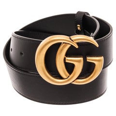 Gucci Black Leather Gold Wide Double GG Logo Belt 70