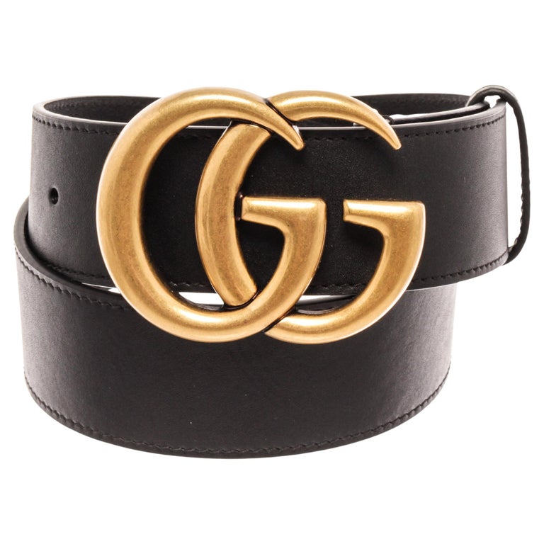 Gucci Black Leather Gold Wide Double GG Logo Belt 70 For Sale at 1stDibs