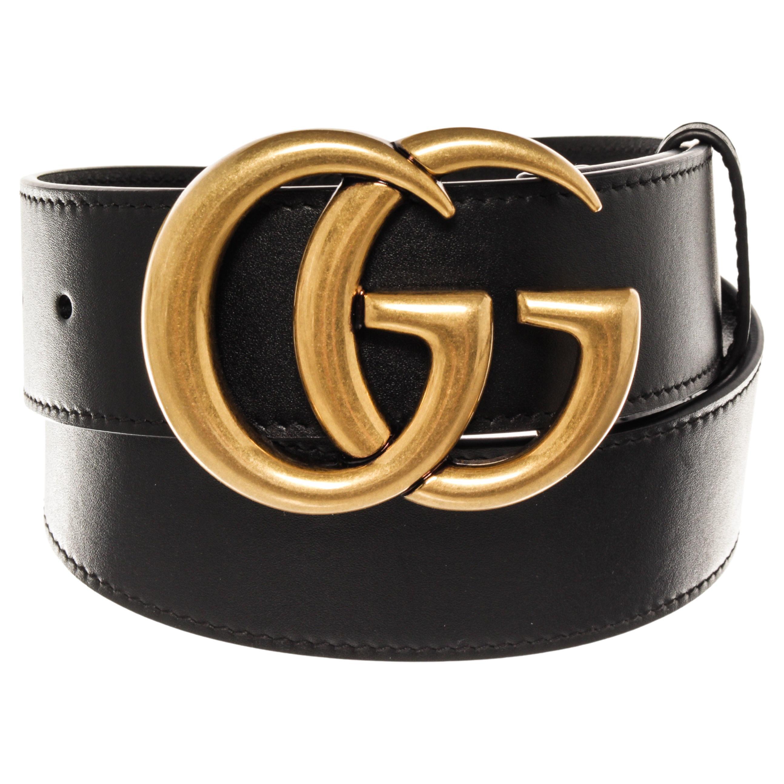 Gucci Black Leather Gold Wide GG Belt