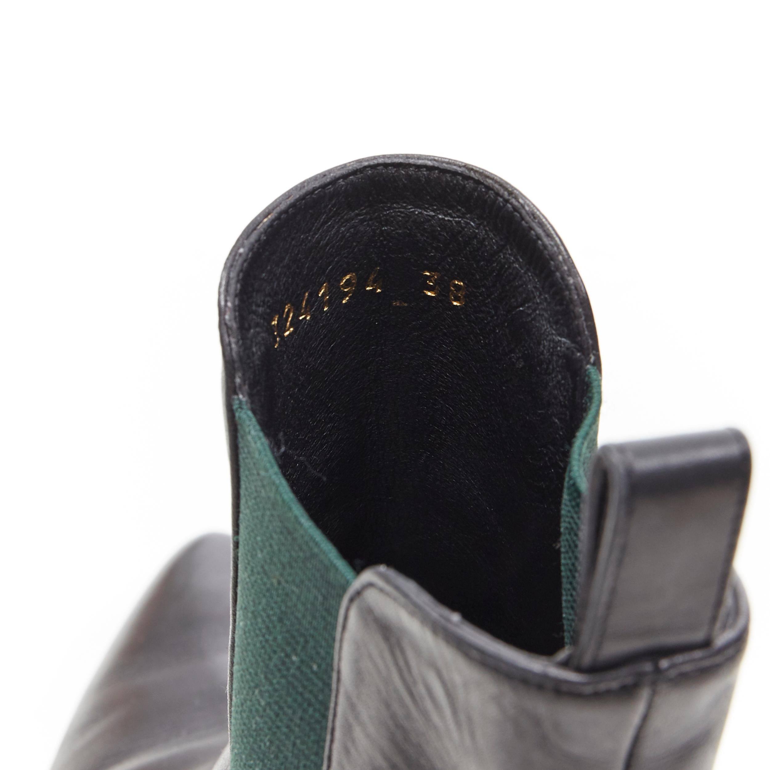 GUCCI black leather green elastic gusset pointed toe block heel ankle boot EU38 5