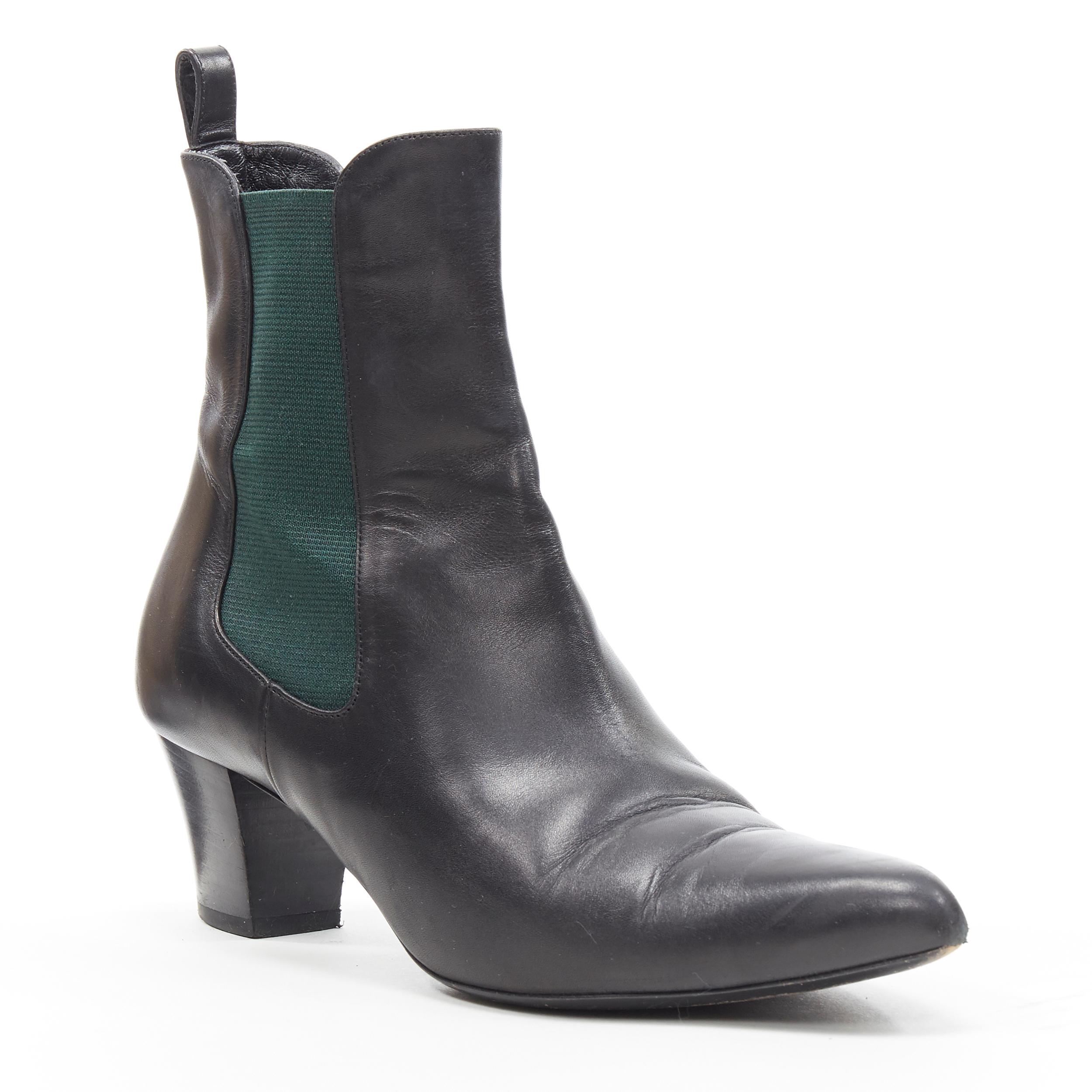 GUCCI black leather green elastic gusset pointed toe block heel ankle boot EU38 
Brand: Gucci
Model Name / Style: Ankle boot
Material: Leather
Color: Black
Pattern: Solid
Closure: Pull on
Extra Detail: Green gusset. Loop detail.
Made in: