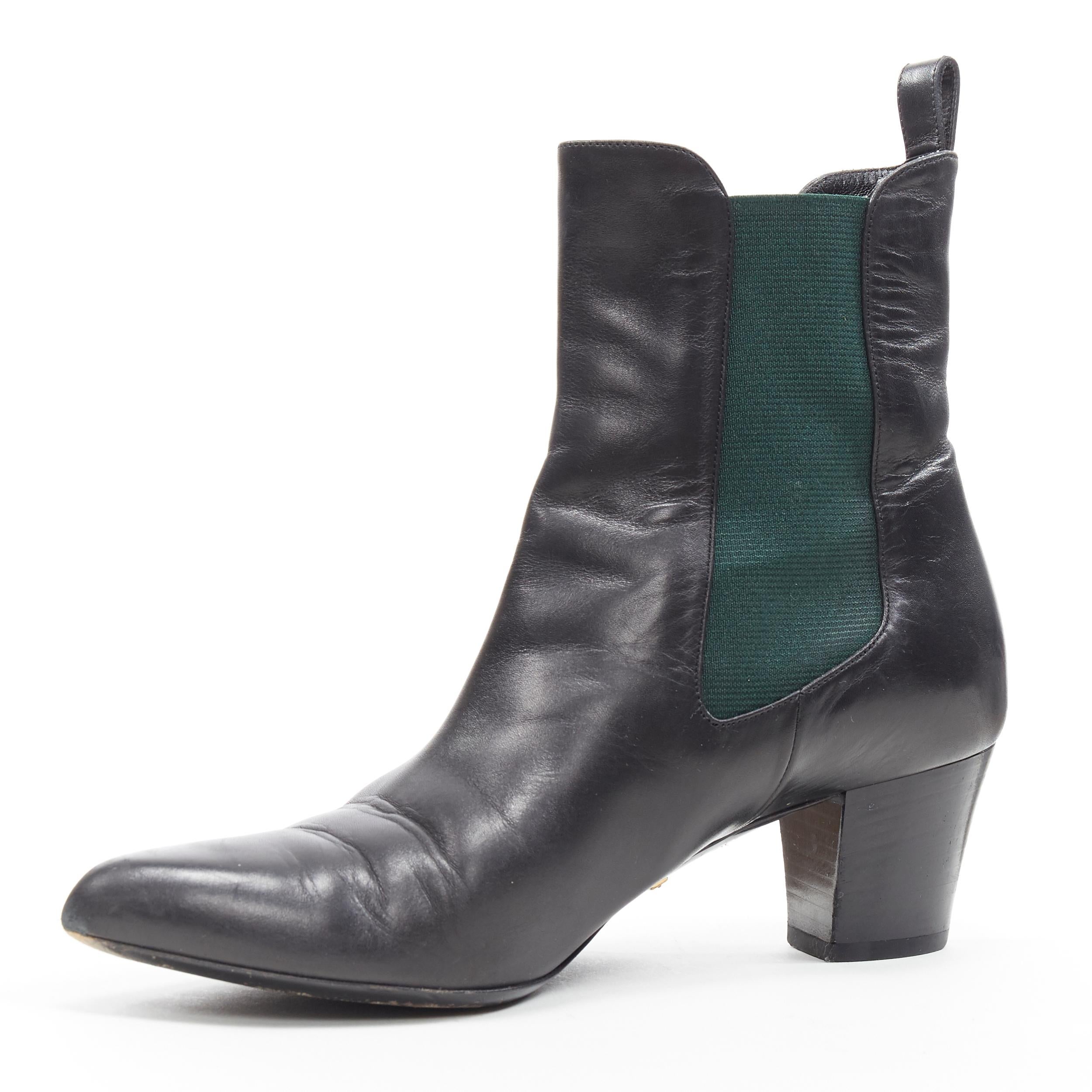 GUCCI black leather green elastic gusset pointed toe block heel ankle boot EU38 In Good Condition In Hong Kong, NT
