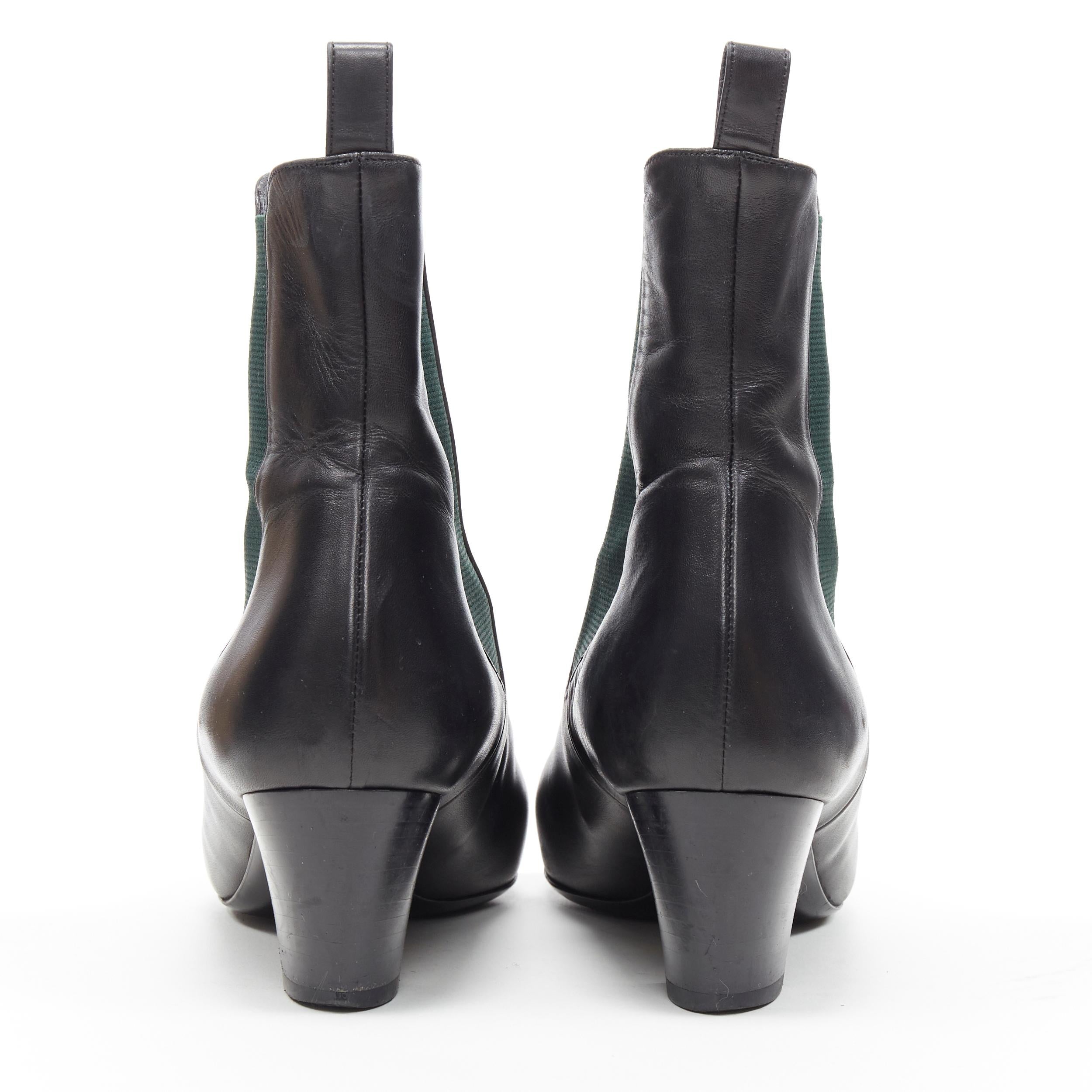 Women's GUCCI black leather green elastic gusset pointed toe block heel ankle boot EU38