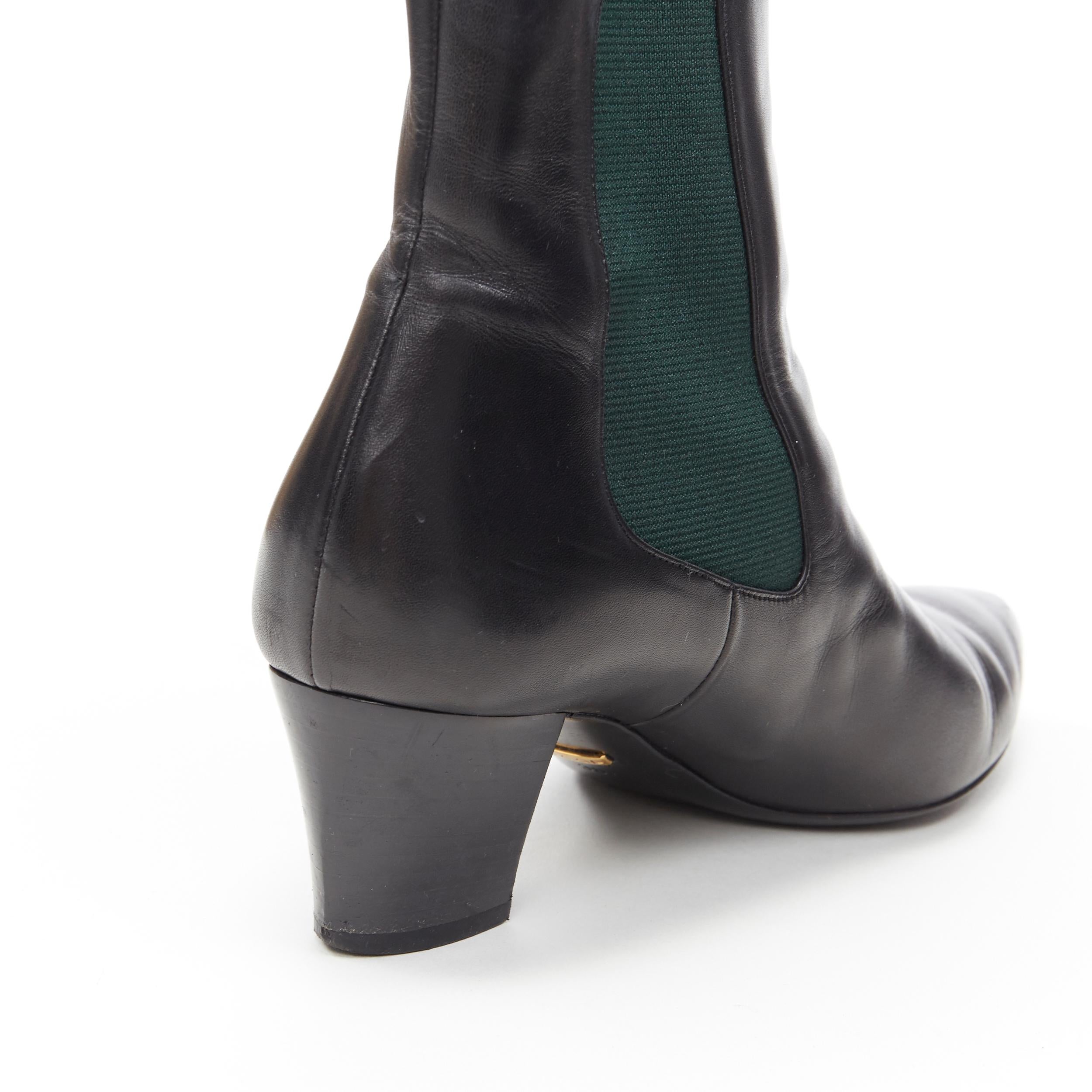 GUCCI black leather green elastic gusset pointed toe block heel ankle boot EU38 3