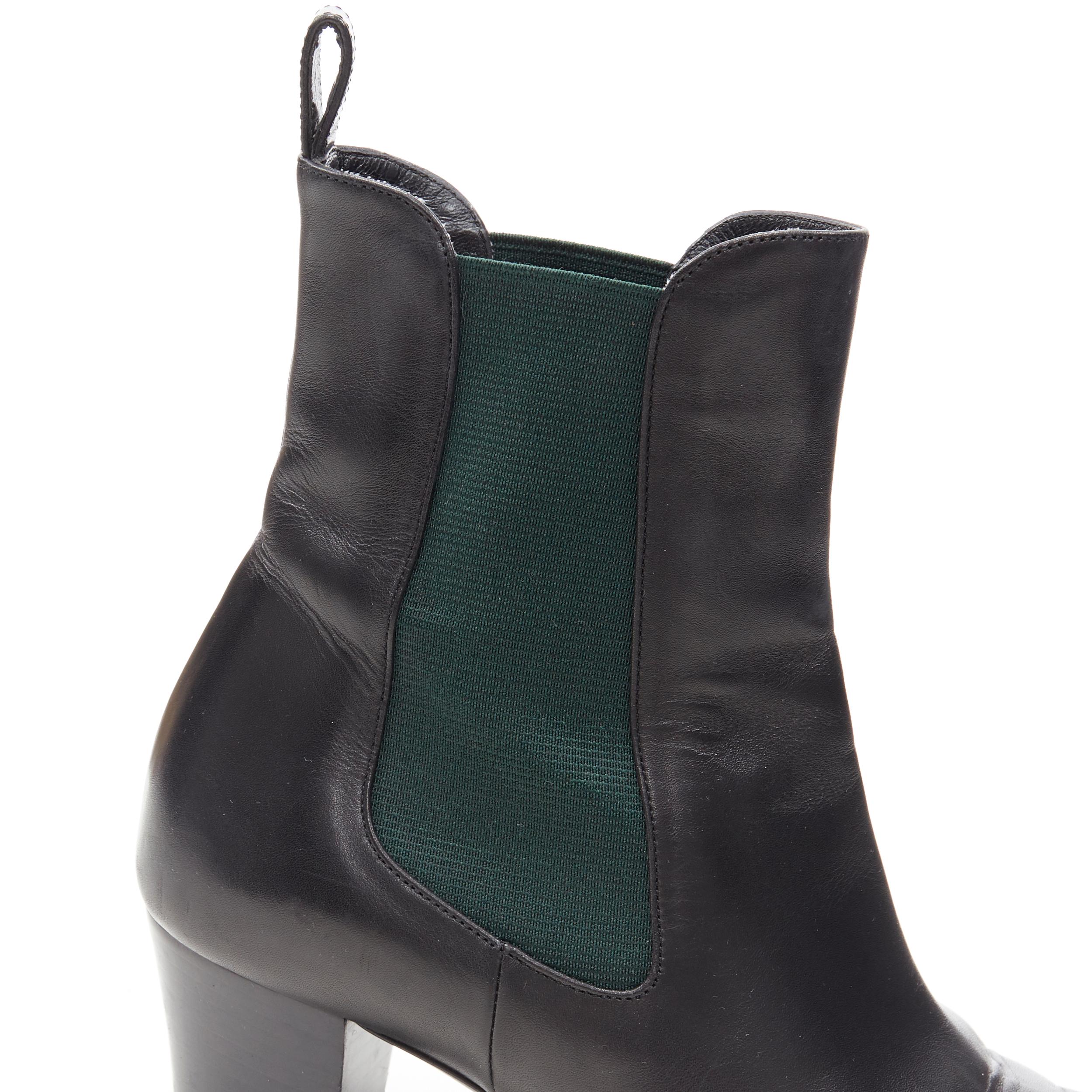 GUCCI black leather green elastic gusset pointed toe block heel ankle boot EU38 4