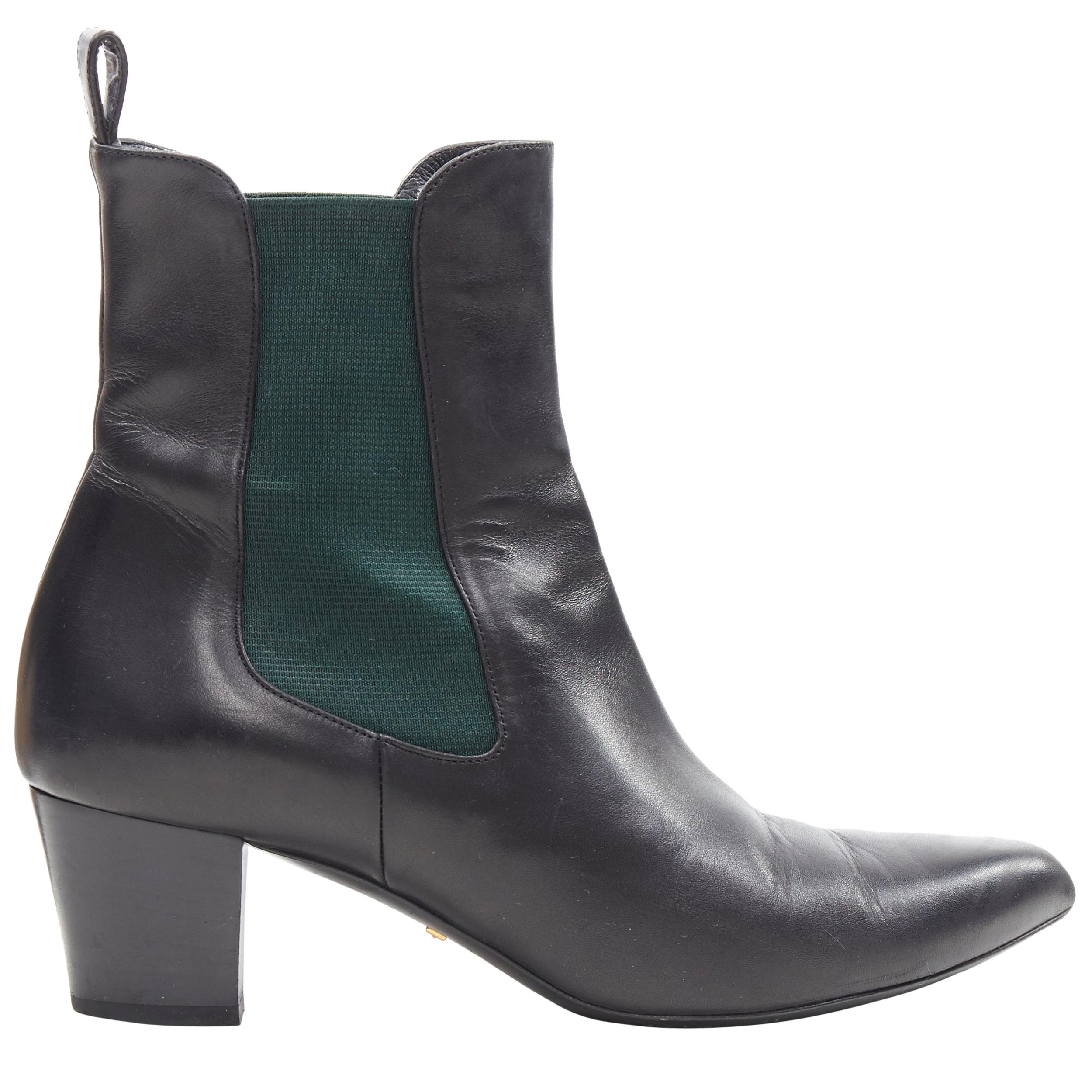 GUCCI black leather green elastic gusset pointed toe block heel ankle boot EU38