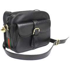 Vintage Gucci Black Leather Green Red Strip Camera Crossbody Shoulder Flap Bag