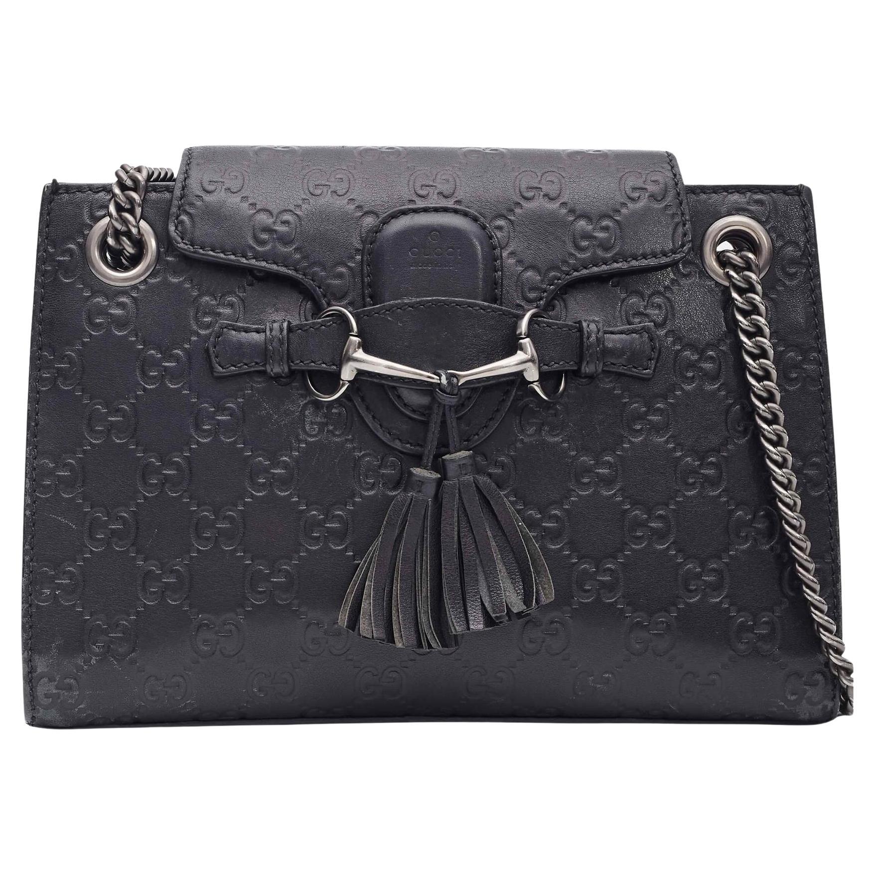 Gucci Black Leather Guccissima Emily Chain Shoulder Bag Small For Sale