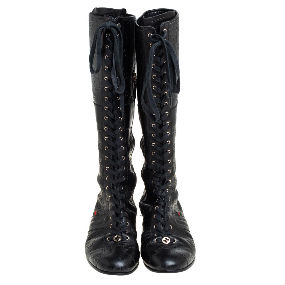 Gucci Black Leather Guccissima Knee High Boots Size 39 In Good Condition In Dubai, Al Qouz 2