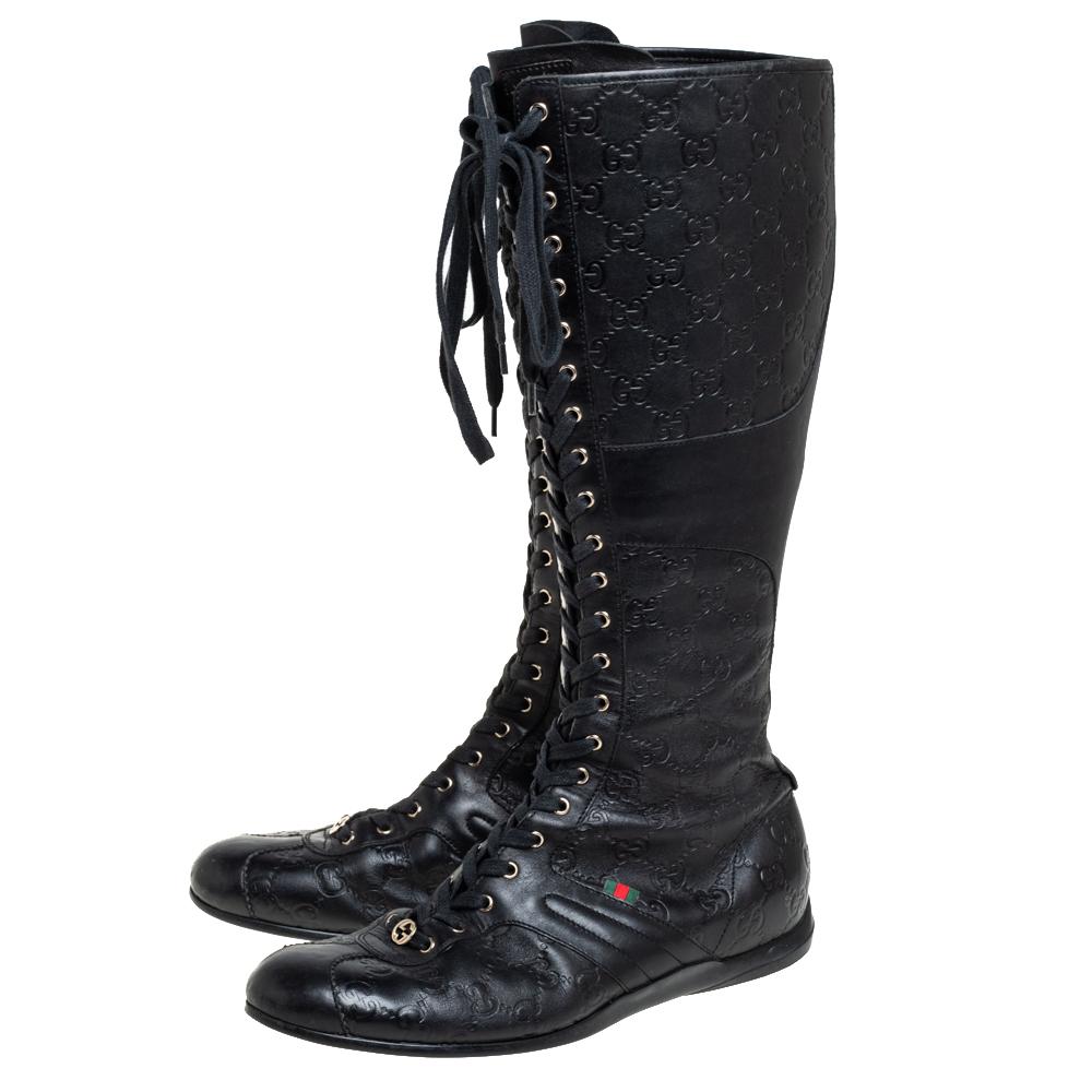 Women's Gucci Black Leather Guccissima Knee High Boots Size 39