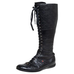 Gucci Black Leather Guccissima Knee High Boots Size 39