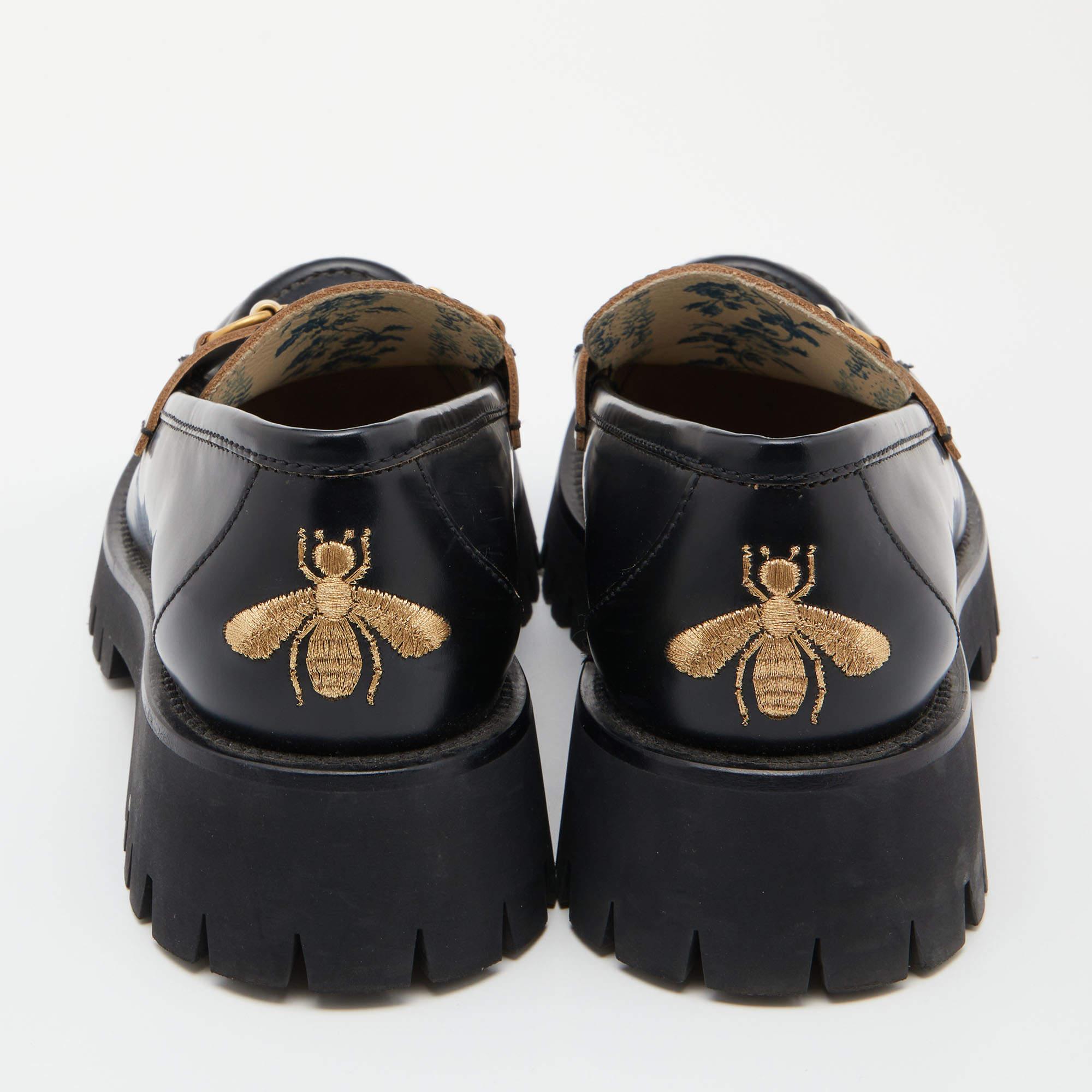 Gucci Black Leather Harald Horsebit Platform Loafers Size 41 In Good Condition In Dubai, Al Qouz 2