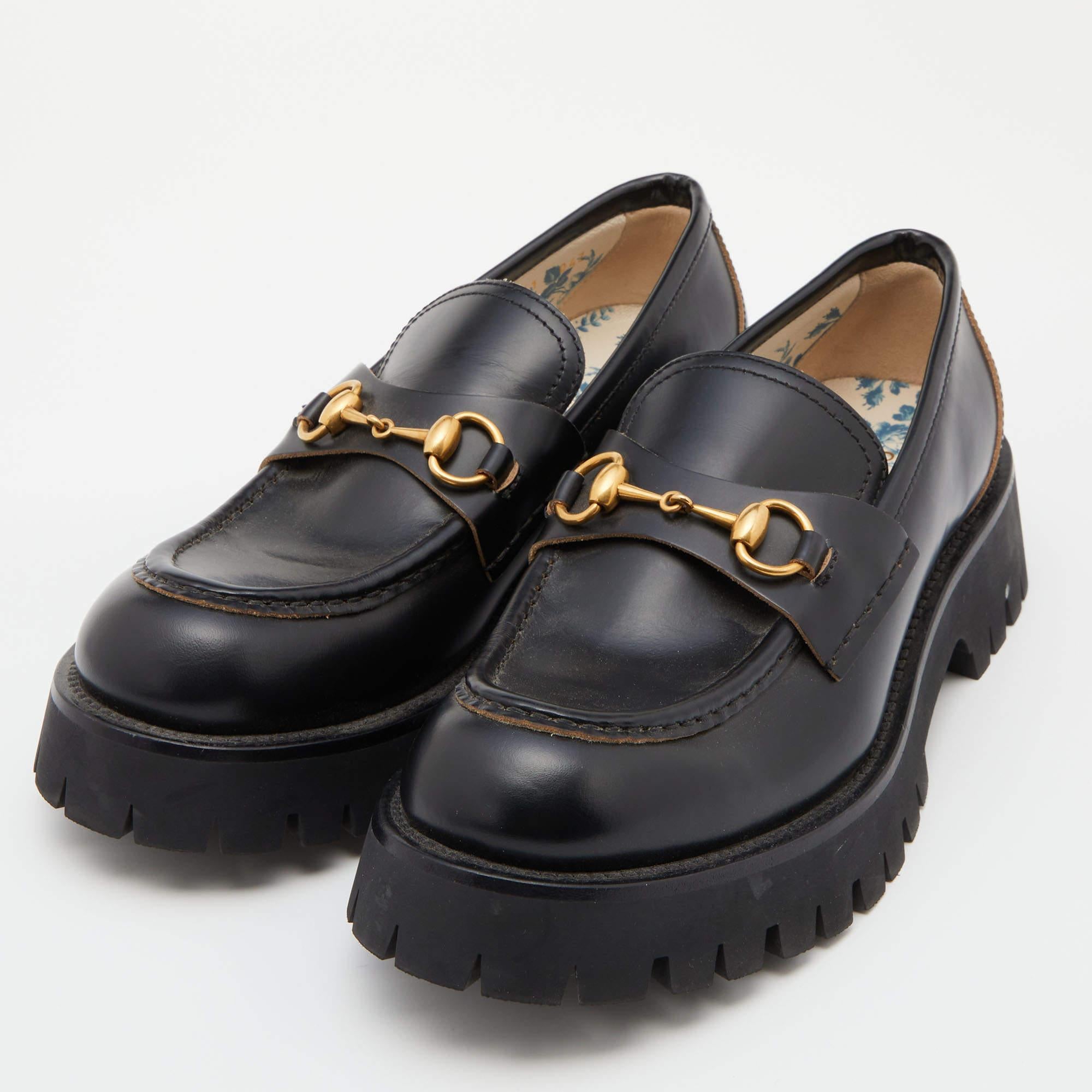Women's Gucci Black Leather Harald Horsebit Platform Loafers Size 41